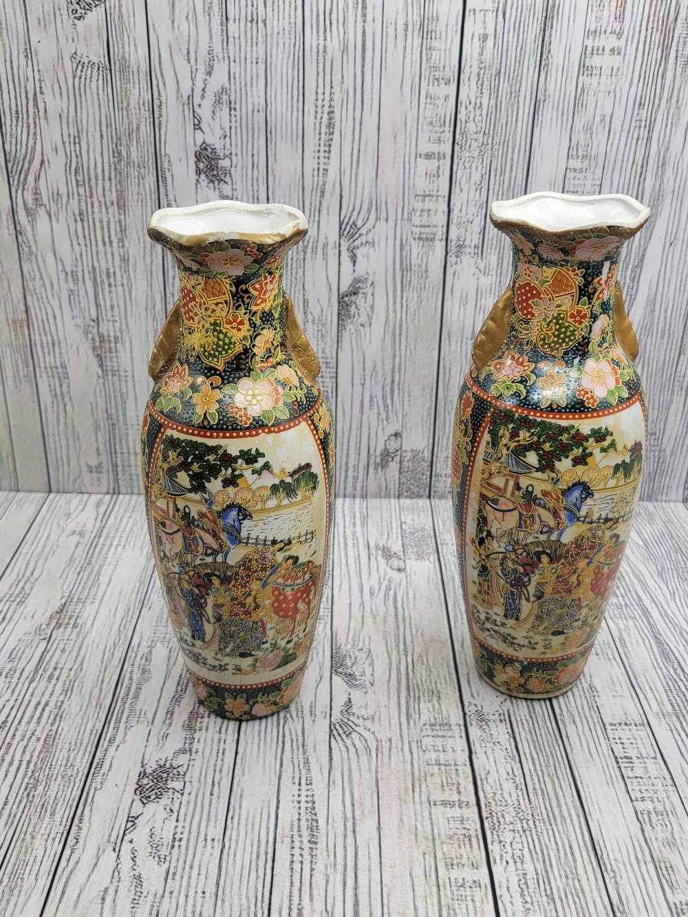 Vintage Japanese Satsuma Style Moriage Porcelain Vases